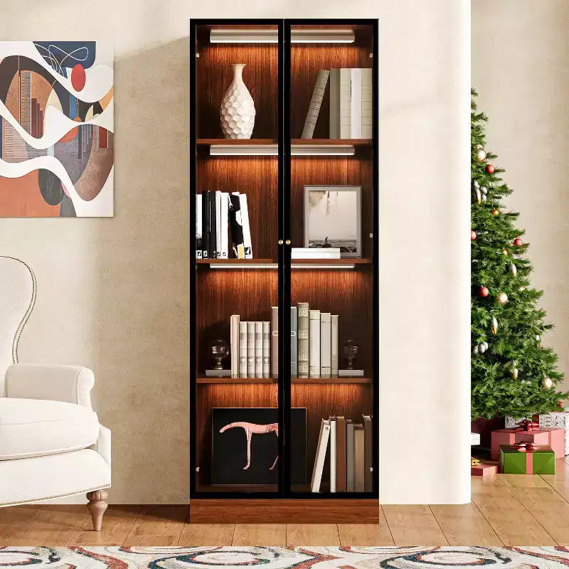 ATJafurn Marrone Vetrina Espositiva per Stoviglie 4 Ripiani da 60 cm, Credenza Moderna in Legno con Anta in Vetro per Casa e Ufficio, Stile Mid Century