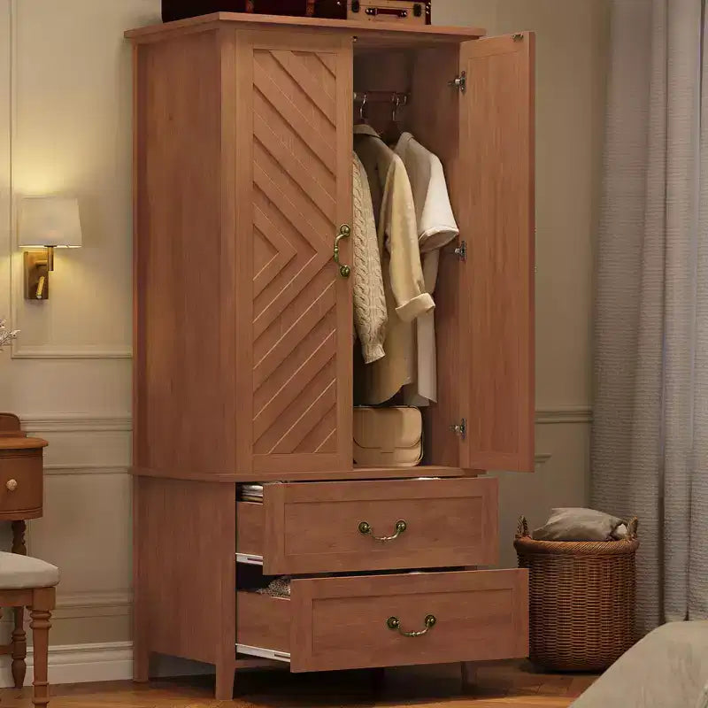 COZONY Farmhouse Wardrobe Armoire Closet with Hanging Rod and Drawers, 71 Freestanding Storage Cabinet, Retro Brown