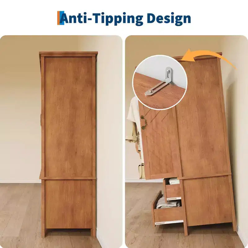 COZONY Armadio Guardaroba da Fattoria con Asta Appendiabiti e Cassetti, Armadio Autoportante da 180 cm, Marrone Retrò