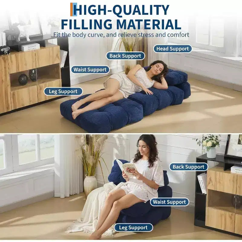 Divano Letto Pieghevole Confezione da 2, Poltrona Letto Singola Convertibile con Cuscino Schienale Ergonomico, Divano Lounge da Terra per Soggiorno, Camera da Letto