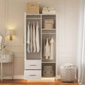 COZONY White Armoires, 2 Door Storage Cabinet with Glass Door and Drawers, Tall Wooden Organizer with Hanging Rods