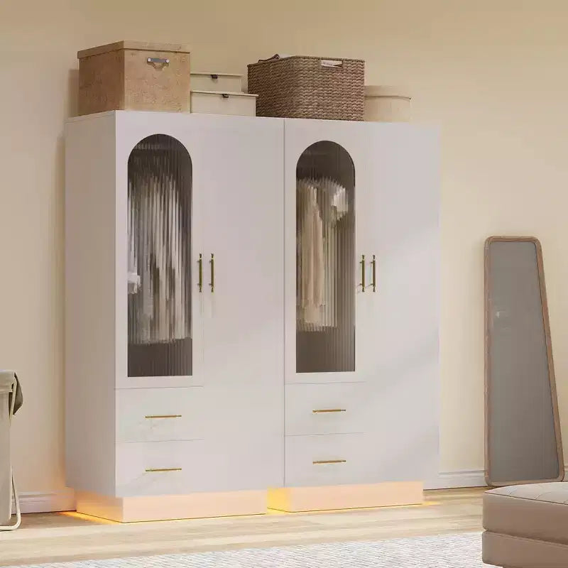 COZONY Armadi bianchi, armadio a 2 ante con anta in vetro e cassetti, organizer alto in legno con aste appendiabiti