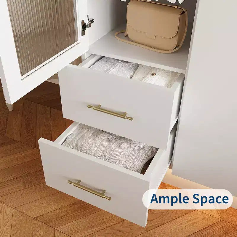 COZONY Armadi bianchi, armadio a 2 ante con anta in vetro e cassetti, organizer alto in legno con aste appendiabiti