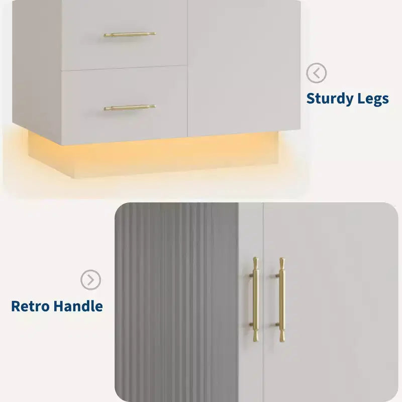 COZONY Armadi bianchi, armadio a 2 ante con anta in vetro e cassetti, organizer alto in legno con aste appendiabiti