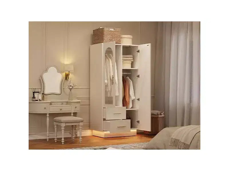 COZONY Armadi bianchi, armadio a 2 ante con anta in vetro e cassetti, organizer alto in legno con aste appendiabiti