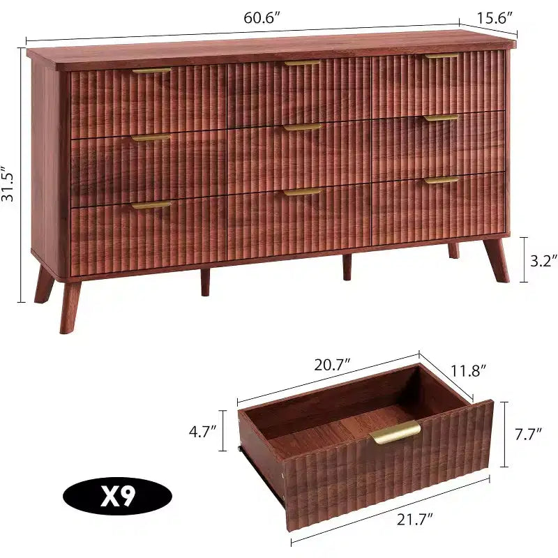 Cassettiera scanalata a 9 cassetti, comò in legno largo 154 cm con cassetti profondi, per camera da letto, soggiorno o corridoio