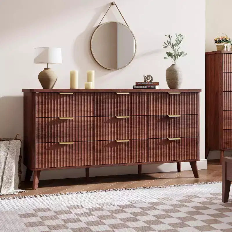Cassettiera scanalata a 9 cassetti, comò in legno largo 154 cm con cassetti profondi, per camera da letto, soggiorno o corridoio