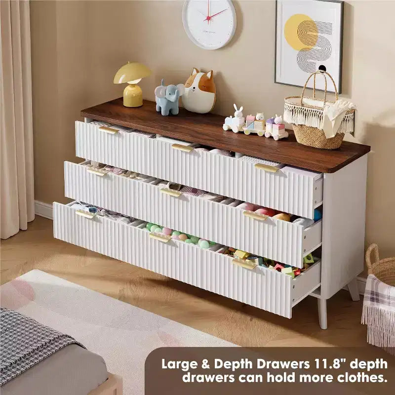 Cassettiera scanalata a 9 cassetti, comò in legno largo 154 cm con cassetti profondi, per camera da letto, soggiorno o corridoio