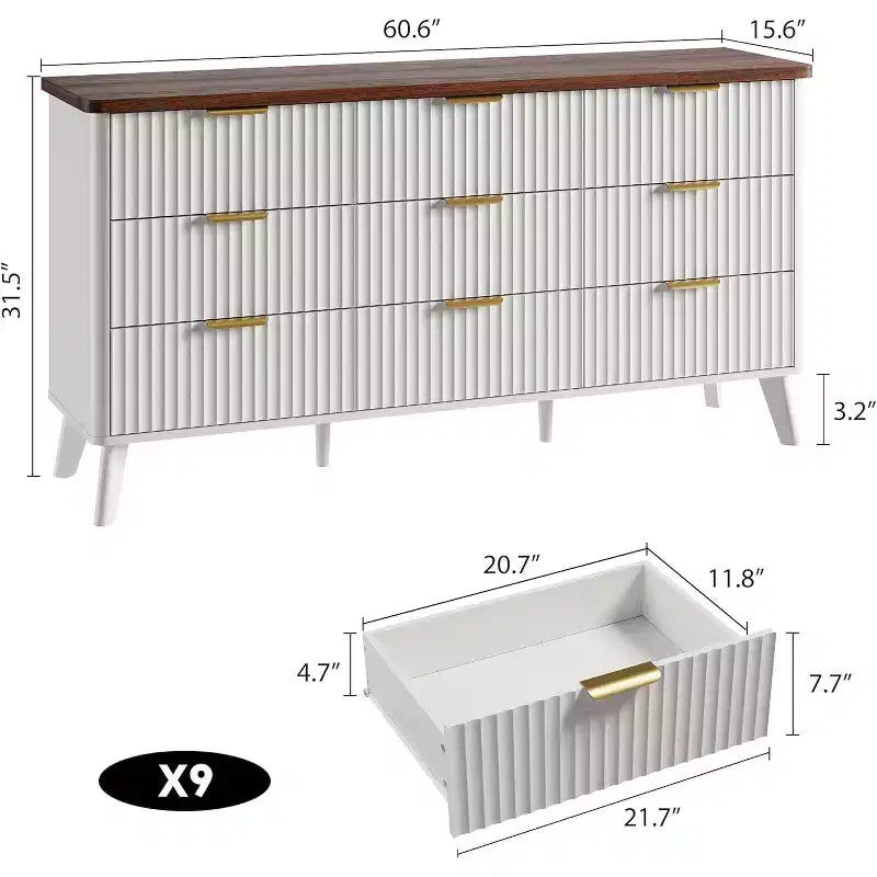 Cassettiera scanalata a 9 cassetti, comò in legno largo 154 cm con cassetti profondi, per camera da letto, soggiorno o corridoio