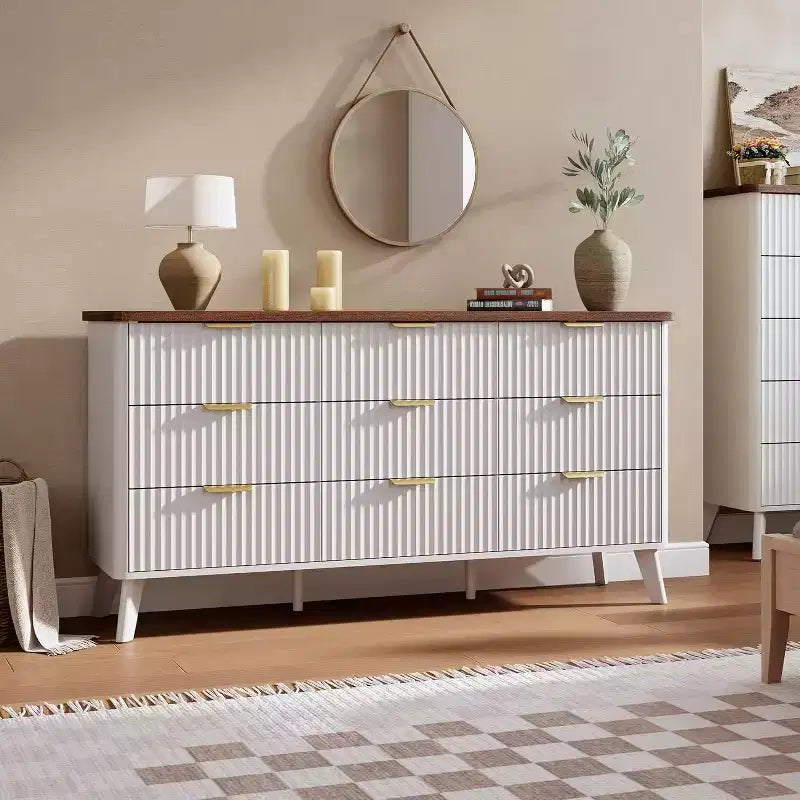 Cassettiera scanalata a 9 cassetti, comò in legno largo 154 cm con cassetti profondi, per camera da letto, soggiorno o corridoio