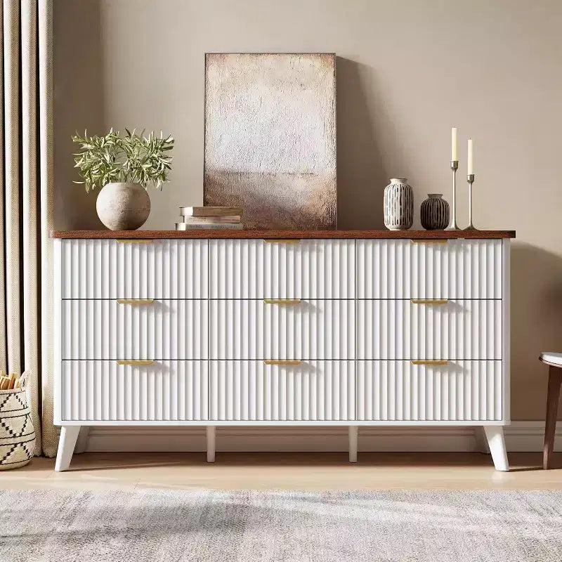 Cassettiera scanalata a 9 cassetti, comò in legno largo 154 cm con cassetti profondi, per camera da letto, soggiorno o corridoio