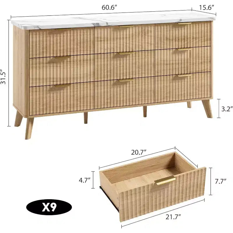 Cassettiera scanalata a 9 cassetti, comò in legno largo 154 cm con cassetti profondi, per camera da letto, soggiorno o corridoio