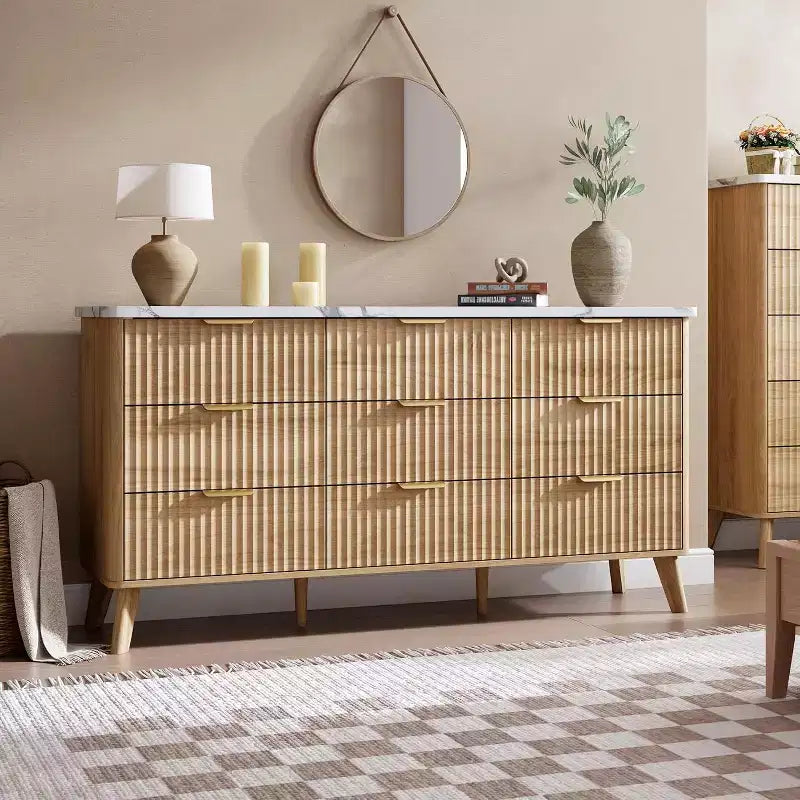 Cassettiera scanalata a 9 cassetti, comò in legno largo 154 cm con cassetti profondi, per camera da letto, soggiorno o corridoio