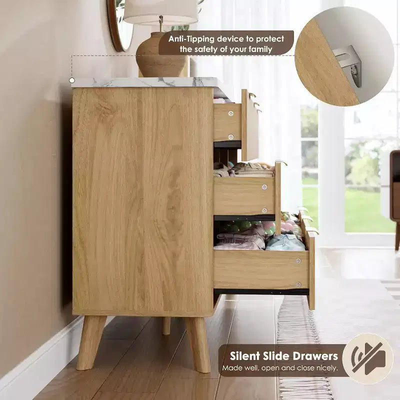 Cassettiera scanalata a 9 cassetti, comò in legno largo 154 cm con cassetti profondi, per camera da letto, soggiorno o corridoio