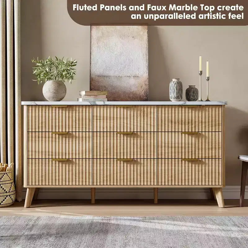 Cassettiera scanalata a 9 cassetti, comò in legno largo 154 cm con cassetti profondi, per camera da letto, soggiorno o corridoio