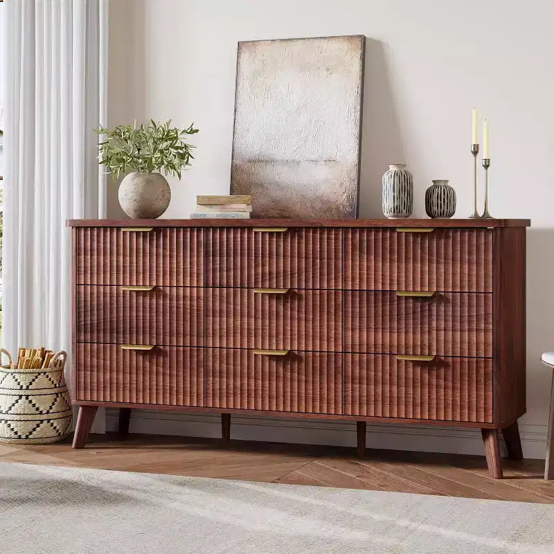 Cassettiera scanalata a 9 cassetti, comò in legno largo 154 cm con cassetti profondi, per camera da letto, soggiorno o corridoio
