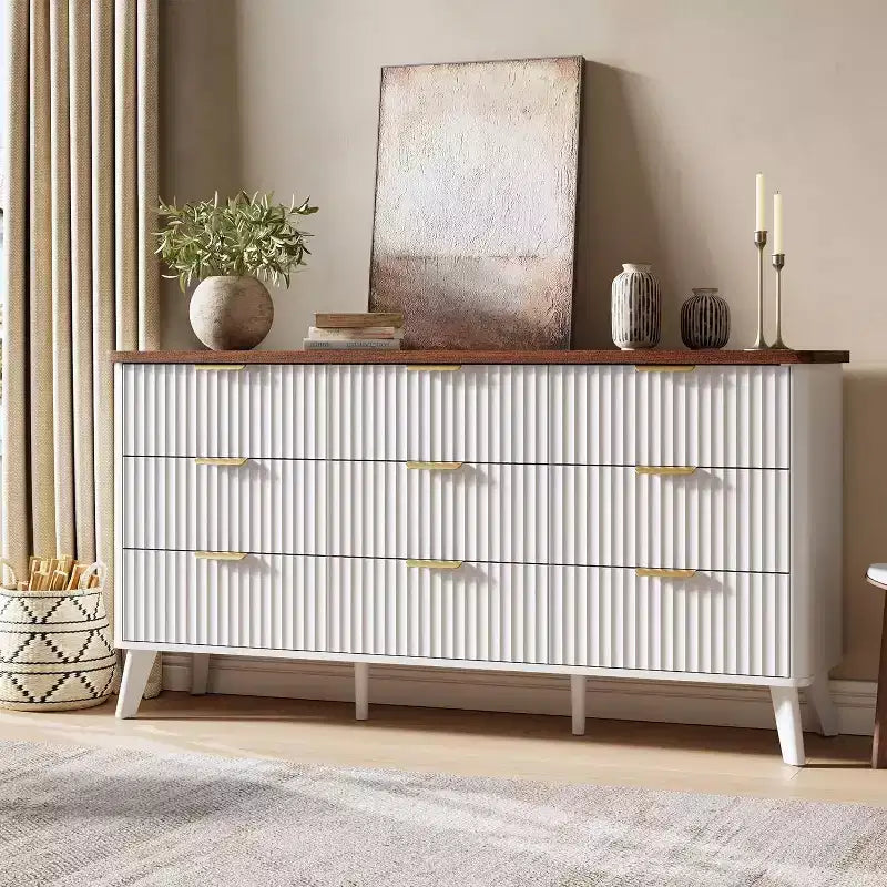 Cassettiera scanalata a 9 cassetti, comò in legno largo 154 cm con cassetti profondi, per camera da letto, soggiorno o corridoio