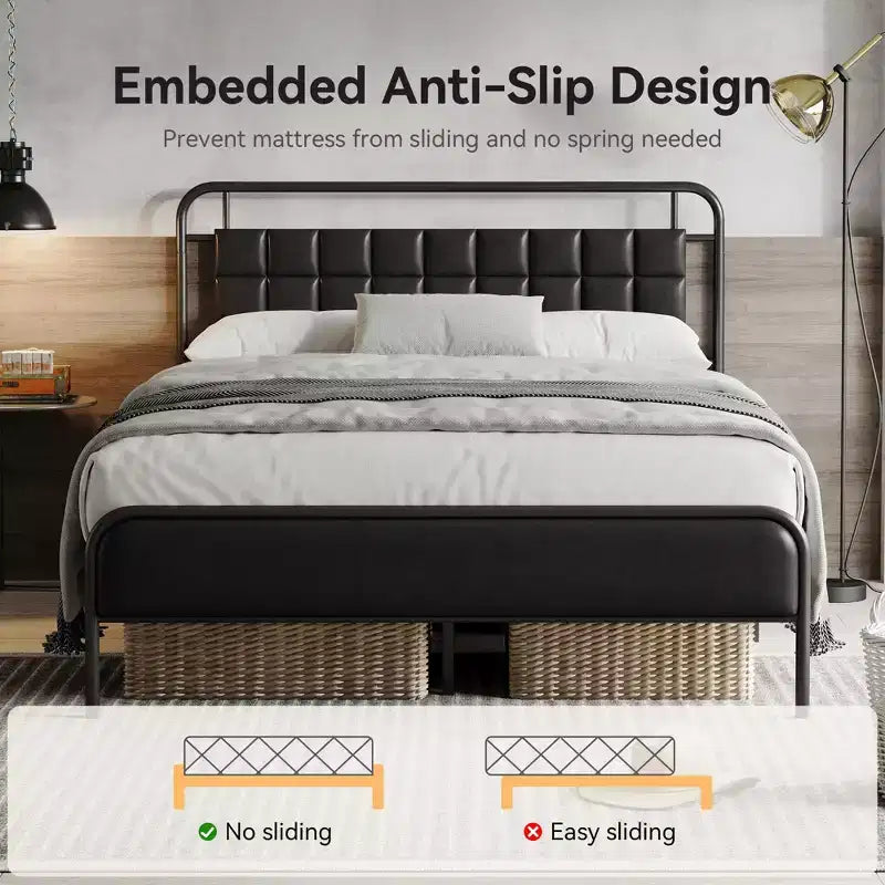 Struttura letto matrimoniale Sailvan con testiera, struttura letto queen size con spazio contenitore e imbottitura