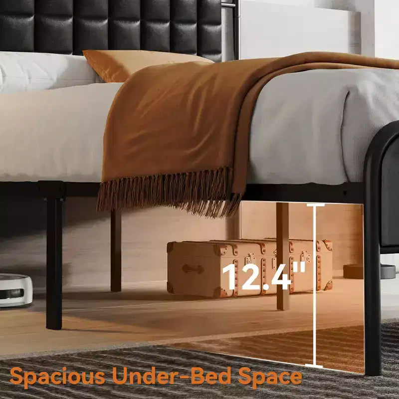 Struttura letto matrimoniale Sailvan con testiera, struttura letto queen size con spazio contenitore e imbottitura