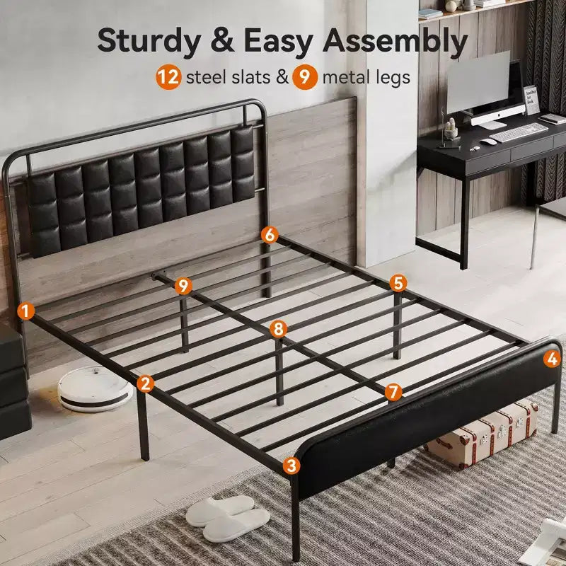Struttura letto matrimoniale Sailvan con testiera, struttura letto queen size con spazio contenitore e imbottitura