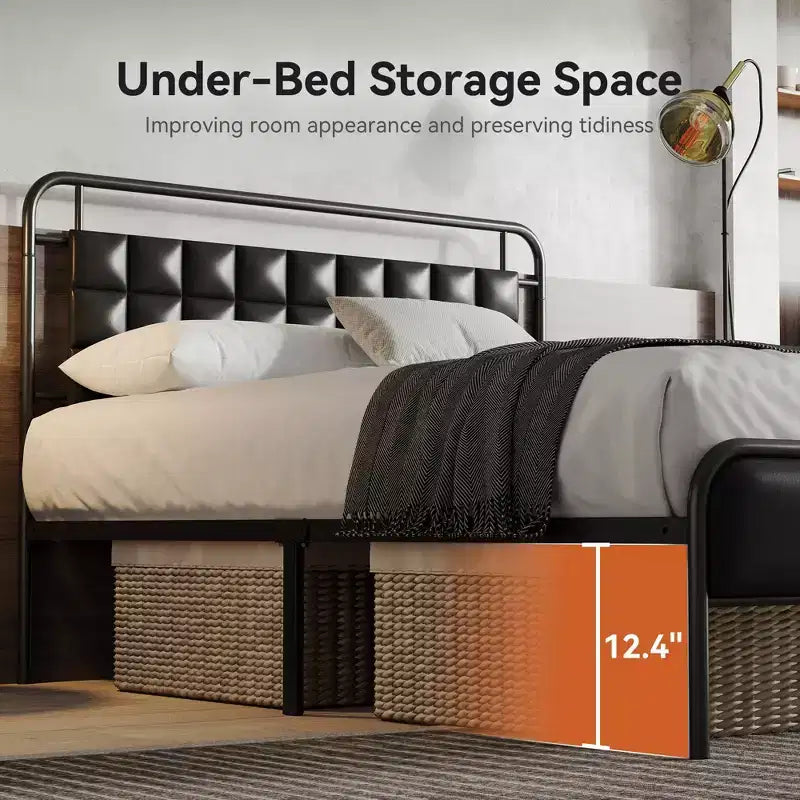 Struttura letto matrimoniale Sailvan con testiera, struttura letto queen size con spazio contenitore e imbottitura