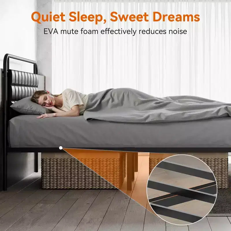 Struttura letto matrimoniale Sailvan con testiera, struttura letto queen size con spazio contenitore e imbottitura