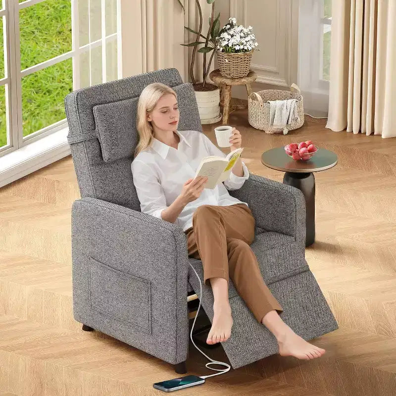 Poltrona Reclinabile Elettrica con Massaggio, Riscaldamento, Supporto Lombare, Reclinazione Elettrica Regolabile, Porta USB, Tasche Laterali, Poltrona da Salotto, Grigia