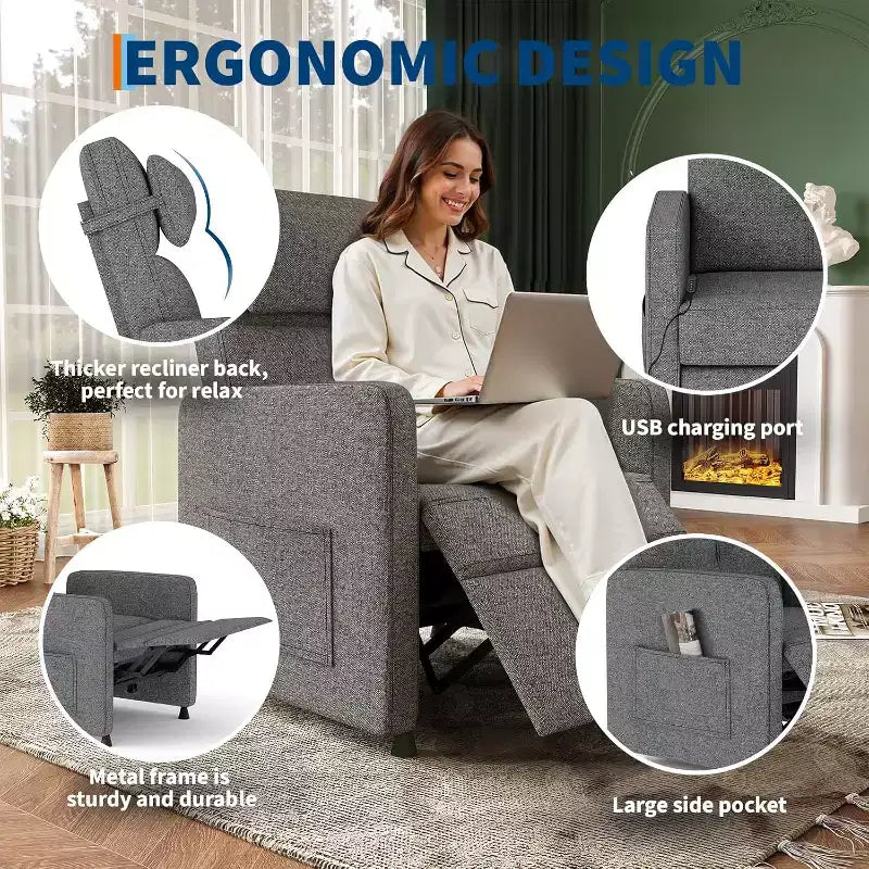 Poltrona Reclinabile Elettrica con Massaggio, Riscaldamento, Supporto Lombare, Reclinazione Elettrica Regolabile, Porta USB, Tasche Laterali, Poltrona da Salotto, Grigia
