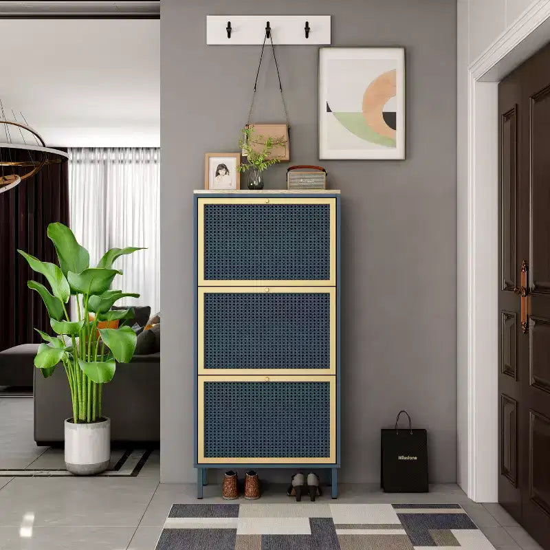GDFStudio Julia Modern Wooden Shoe Rack with 3 Honeycomb Metal Tilt-Out Doors