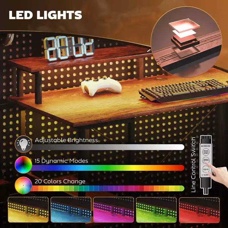Scrivania da computer da 47 pollici con stazione di ricarica e luci RGB, scrivania da studio reversibile con supporto per monitor
