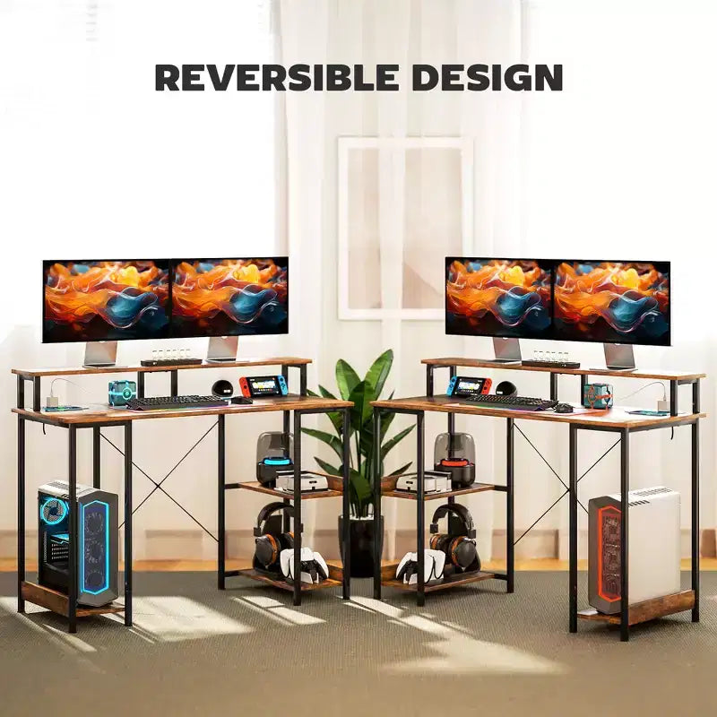 Scrivania da computer da 47 pollici con stazione di ricarica e luci RGB, scrivania da studio reversibile con supporto per monitor