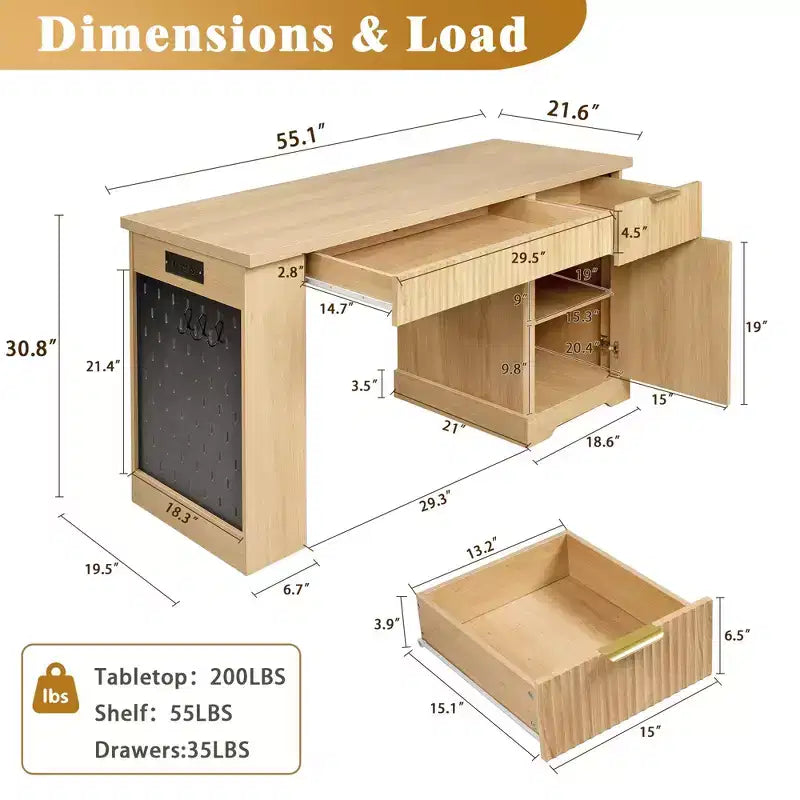 Scrivania da computer moderna in legno scanalato Okak con mobiletto, pannello forato e vassoio per tastiera, Scrivania da scrittura alla moda con contenitore per ufficio, studio