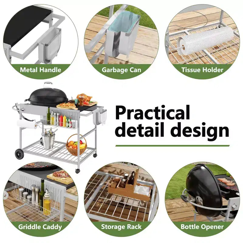 Tavolo da griglia Celebalcony per Weber Kettle originale da 22 e 18 pollici, Carrello per griglia da esterno con ruote, Stazione di cottura mobile da esterno, Argento