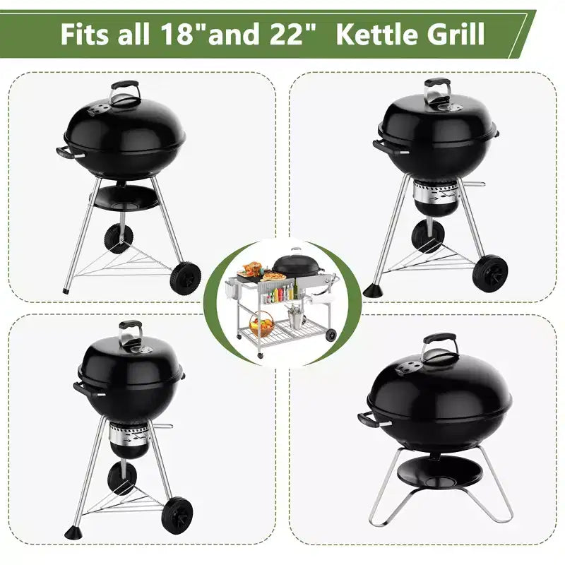 Tavolo da griglia Celebalcony per Weber Kettle originale da 22 e 18 pollici, Carrello per griglia da esterno con ruote, Stazione di cottura mobile da esterno, Argento