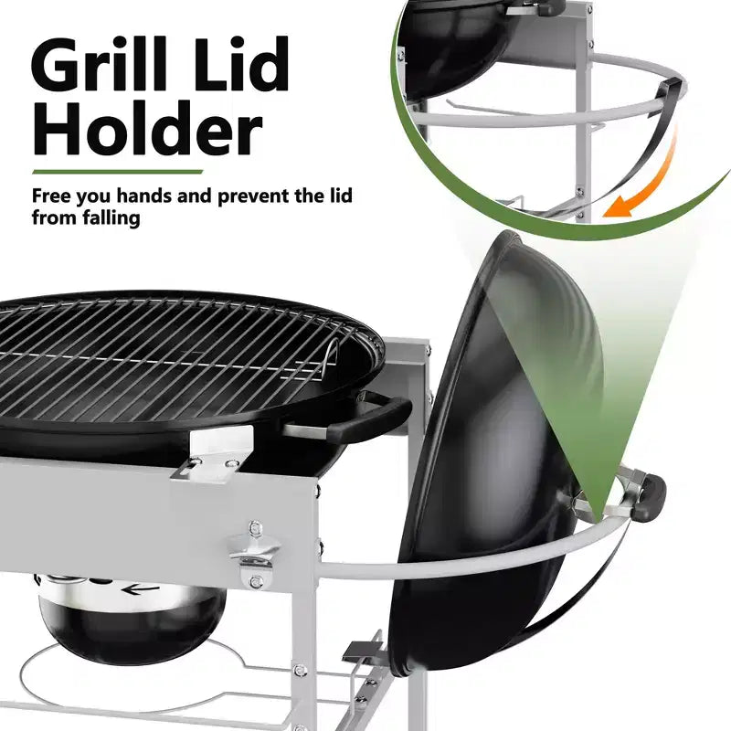 Tavolo da griglia Celebalcony per Weber Kettle originale da 22 e 18 pollici, Carrello per griglia da esterno con ruote, Stazione di cottura mobile da esterno, Argento