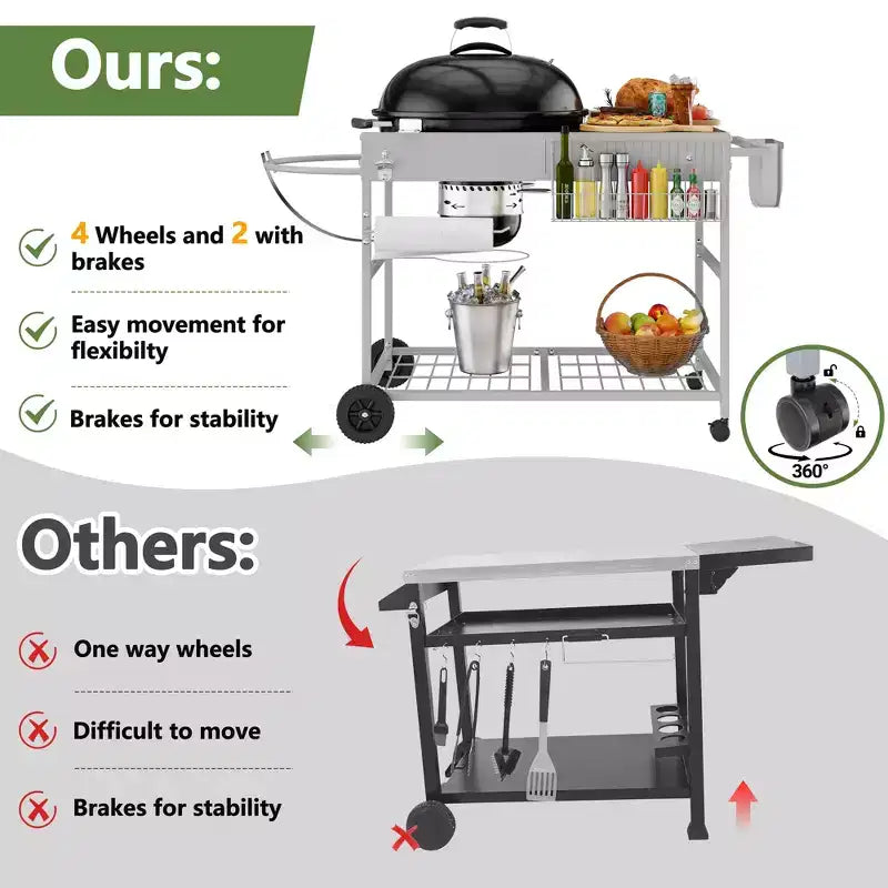 Tavolo da griglia Celebalcony per Weber Kettle originale da 22 e 18 pollici, Carrello per griglia da esterno con ruote, Stazione di cottura mobile da esterno, Argento