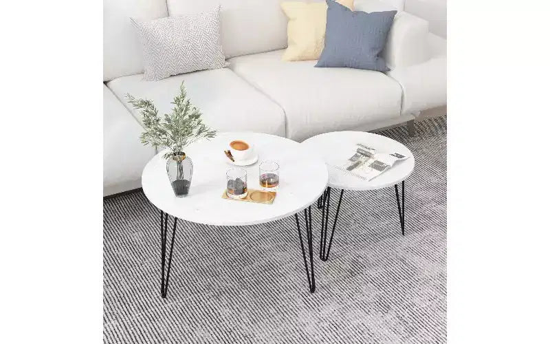 TUYOHW Set di 2 Tavolini da Caffè Rotondi Componibili, Tavolino Centrale con Piano Effetto Marmo e Struttura in Metallo per Soggiorno, Set di Tavolini d'Appoggio Rotondi Componibili
