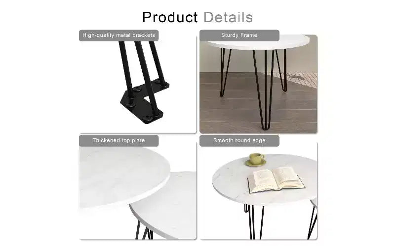 TUYOHW Set di 2 Tavolini da Caffè Rotondi Componibili, Tavolino Centrale con Piano Effetto Marmo e Struttura in Metallo per Soggiorno, Set di Tavolini d'Appoggio Rotondi Componibili
