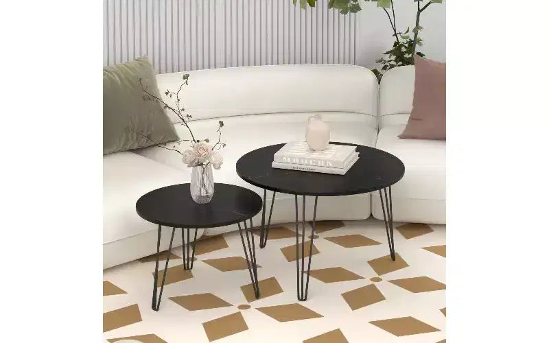 TUYOHW Set di 2 Tavolini da Caffè Rotondi Componibili, Tavolino Centrale con Piano Effetto Marmo e Struttura in Metallo per Soggiorno, Set di Tavolini d'Appoggio Rotondi Componibili