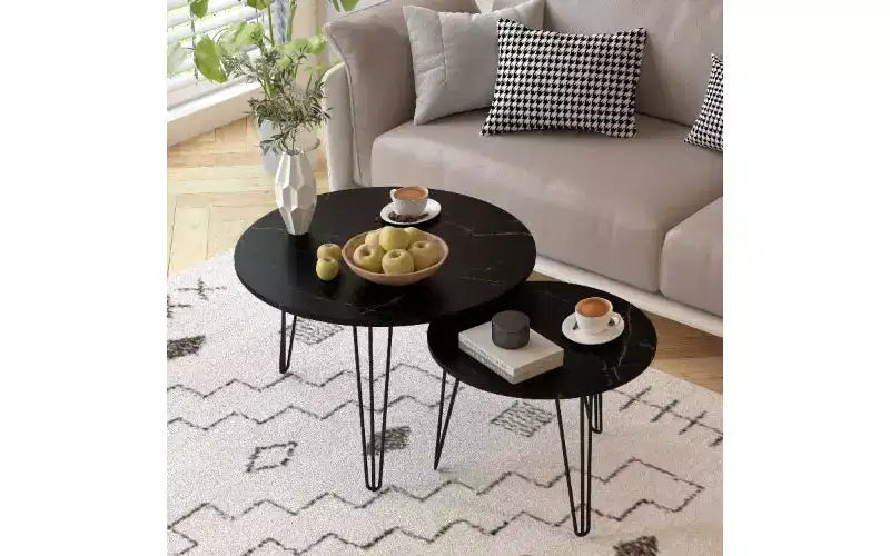 TUYOHW Set di 2 Tavolini da Caffè Rotondi Componibili, Tavolino Centrale con Piano Effetto Marmo e Struttura in Metallo per Soggiorno, Set di Tavolini d'Appoggio Rotondi Componibili