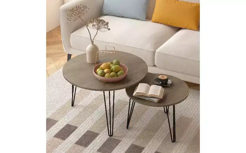 TUYOHW Set di 2 Tavolini da Caffè Rotondi Componibili, Tavolino Centrale con Piano Effetto Marmo e Struttura in Metallo per Soggiorno, Set di Tavolini d'Appoggio Rotondi Componibili
