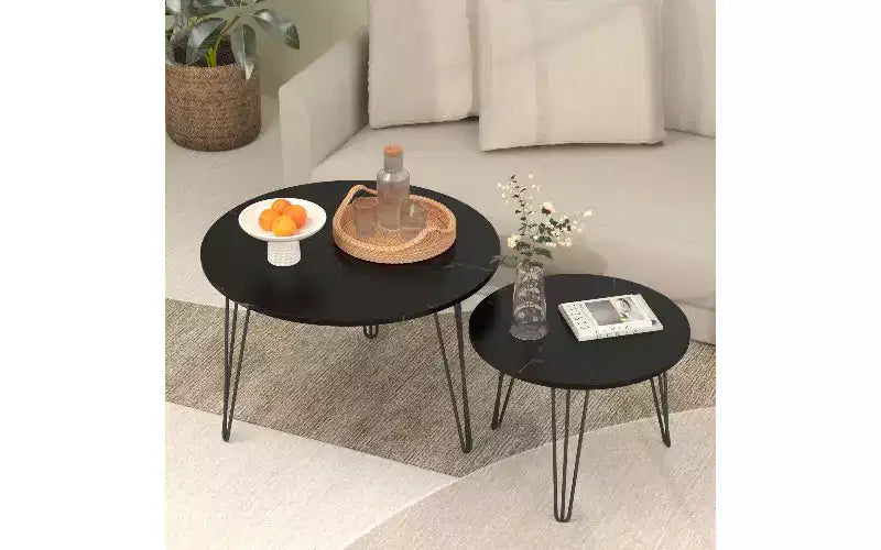 TUYOHW Set di 2 Tavolini da Caffè Rotondi Componibili, Tavolino Centrale con Piano Effetto Marmo e Struttura in Metallo per Soggiorno, Set di Tavolini d'Appoggio Rotondi Componibili