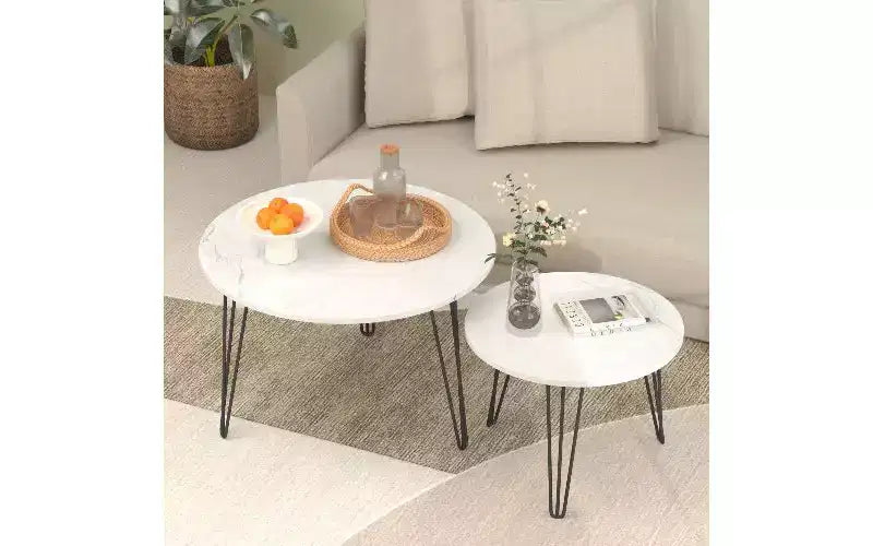 TUYOHW Set di 2 Tavolini da Caffè Rotondi Componibili, Tavolino Centrale con Piano Effetto Marmo e Struttura in Metallo per Soggiorno, Set di Tavolini d'Appoggio Rotondi Componibili