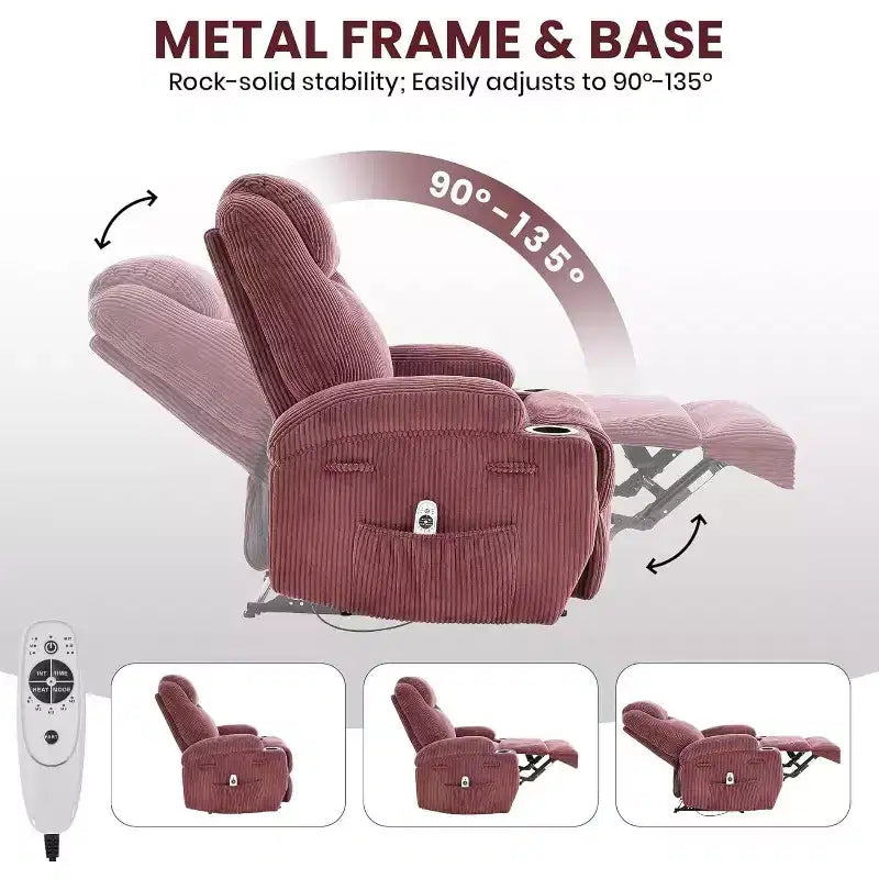 Poltrona reclinabile con massaggio e calore, divano singolo in velluto a coste regolabile a 135° per soggiorno e camera da letto, portabicchieri e tasche
