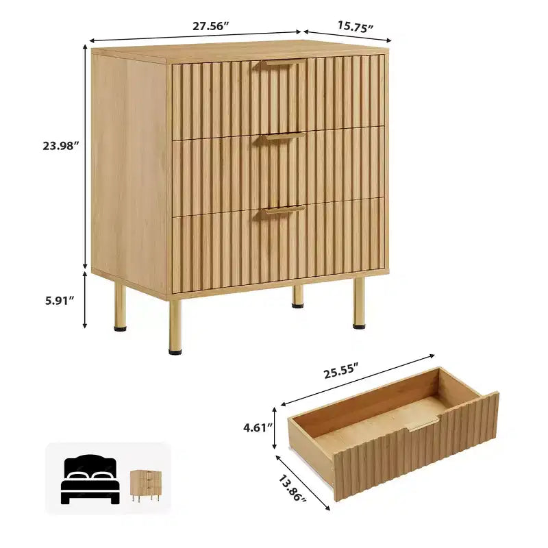 Cassettiera COZONY Natural a 3 cassetti, comodino moderno scanalato con cassetti profondi e piano ampio