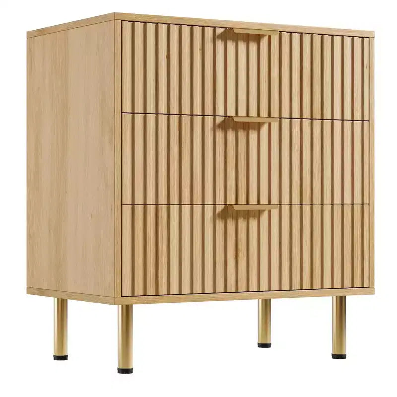 Cassettiera COZONY Natural a 3 cassetti, comodino moderno scanalato con cassetti profondi e piano ampio