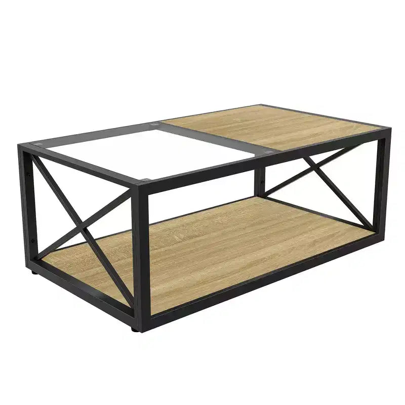 Tavolino da caffè moderno industriale Zeus & Ruta con piano in vetro temperato e legno MDF per soggiorno e camera da letto