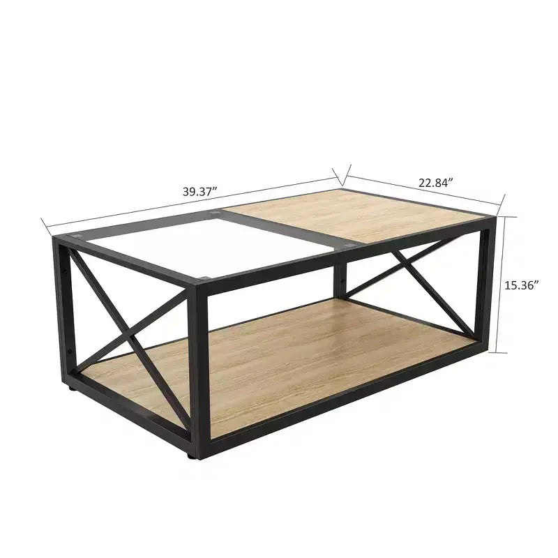 Tavolino da caffè moderno industriale Zeus & Ruta con piano in vetro temperato e legno MDF per soggiorno e camera da letto