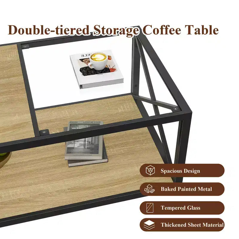 Tavolino da caffè moderno industriale Zeus & Ruta con piano in vetro temperato e legno MDF per soggiorno e camera da letto