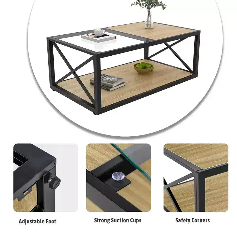 Tavolino da caffè moderno industriale Zeus & Ruta con piano in vetro temperato e legno MDF per soggiorno e camera da letto